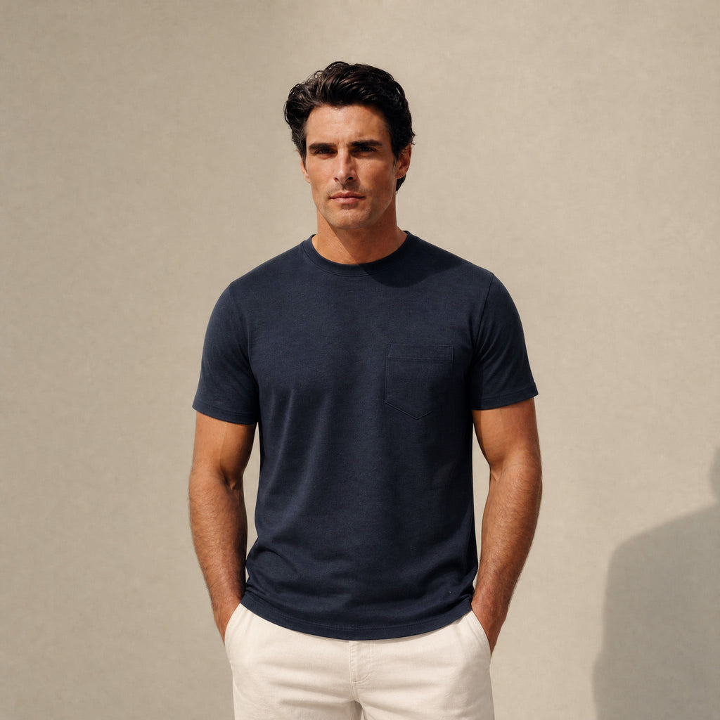 Merino Wool Crew Pocket T-Shirt in Dark Navy