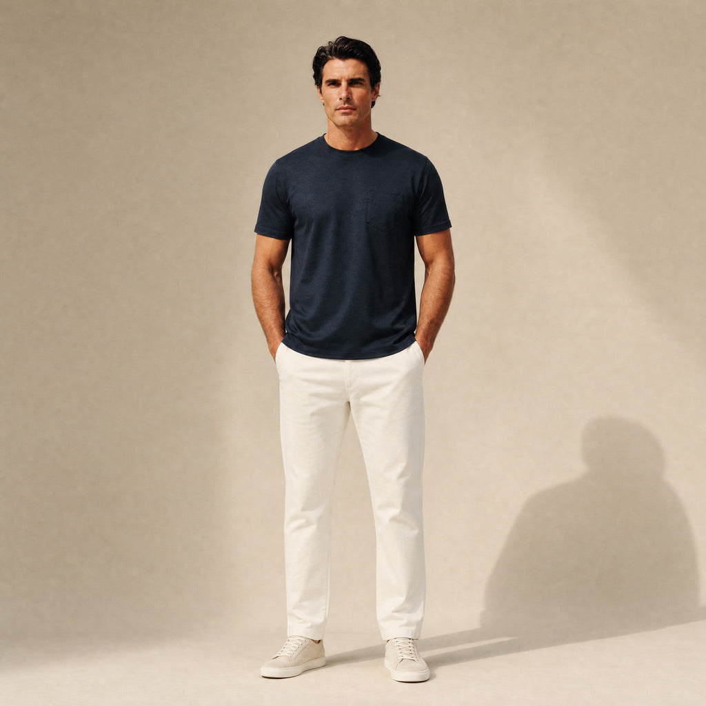Merino Wool Crew Pocket T-Shirt in Dark Navy
