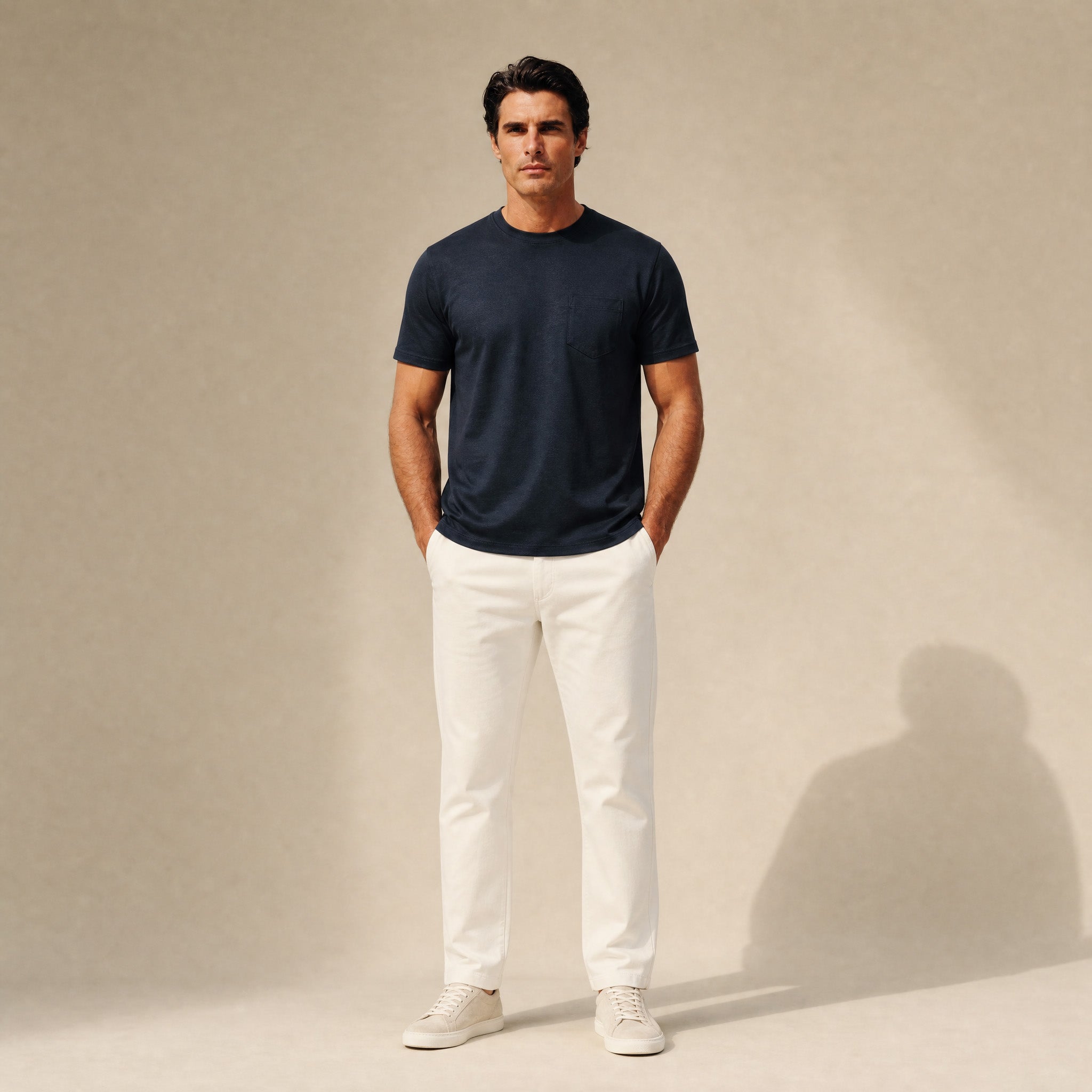 Merino Wool Crew Pocket T-Shirt in Dark Navy