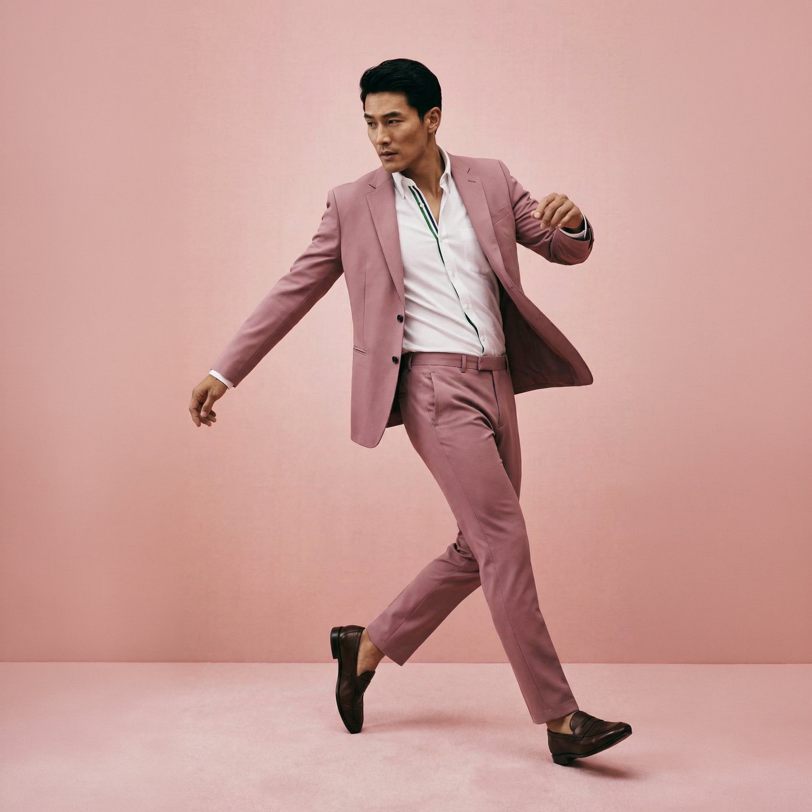 Man in a pink suit walking on a pink background  Bespoke custom athleisure technical athletic stretch suit los angeles model Jessey in Desert Rose