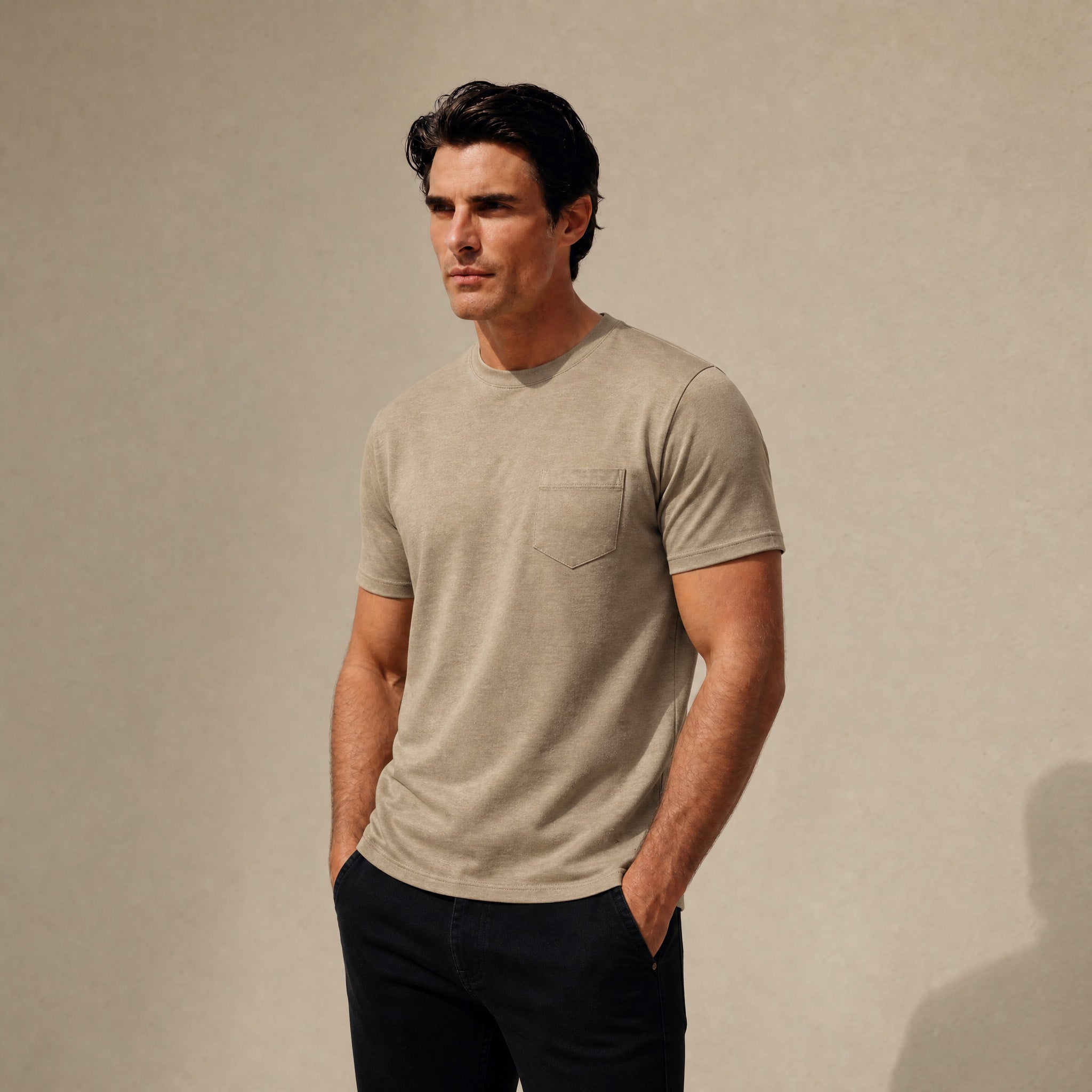 Merino Wool Crew Pocket T-Shirt in Dune