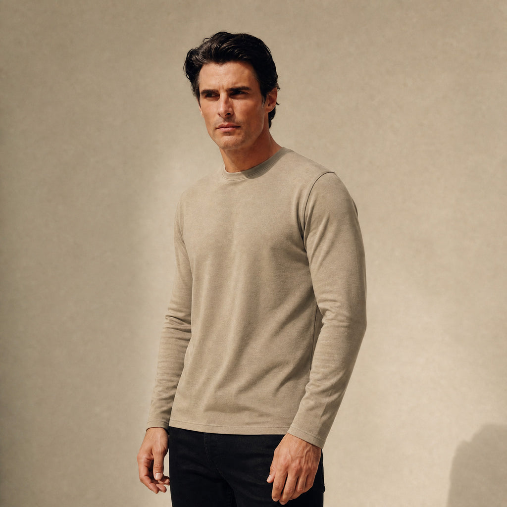 Merino Wool Long Sleeve T-Shirt model Matteo in Dune