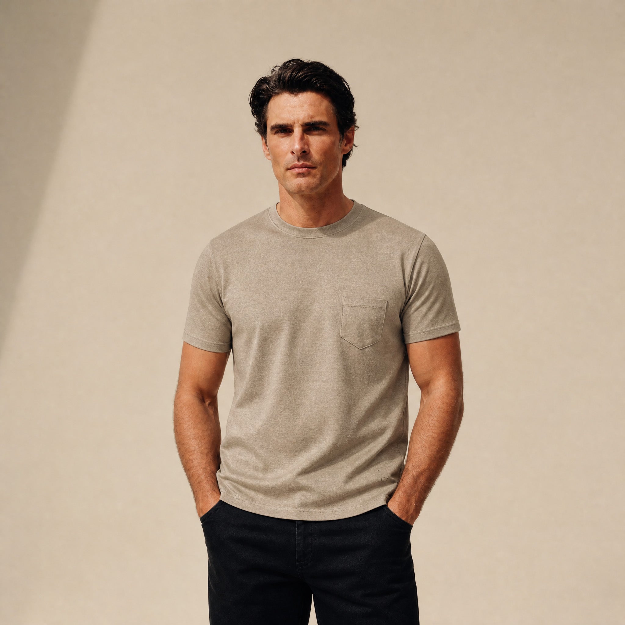 Merino Wool Crew Pocket T-Shirt in Dune