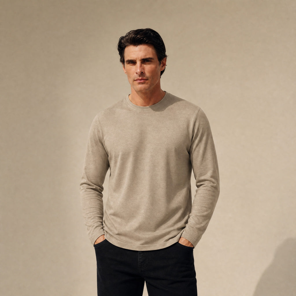 Merino Wool Long Sleeve T-Shirt model Matteo in Dune
