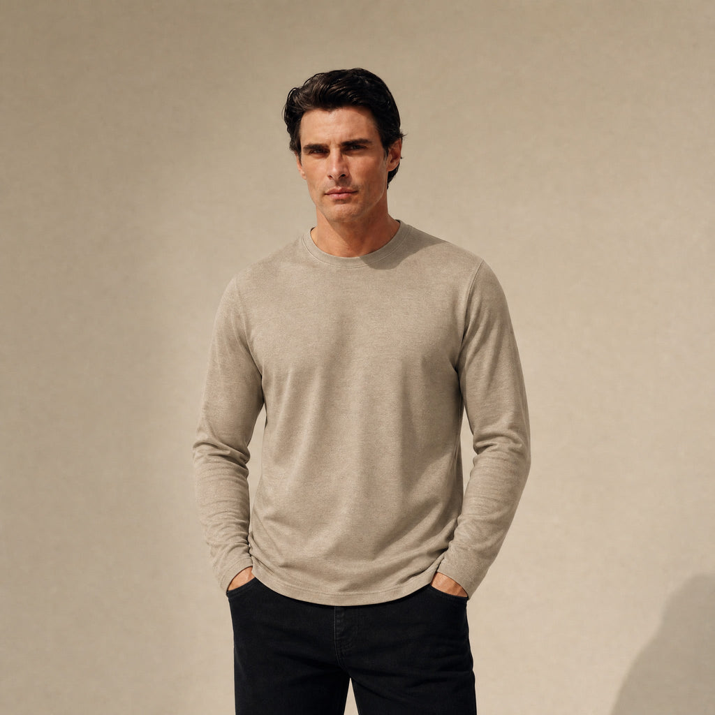 Merino Wool Long Sleeve T-Shirt model Matteo in Dune