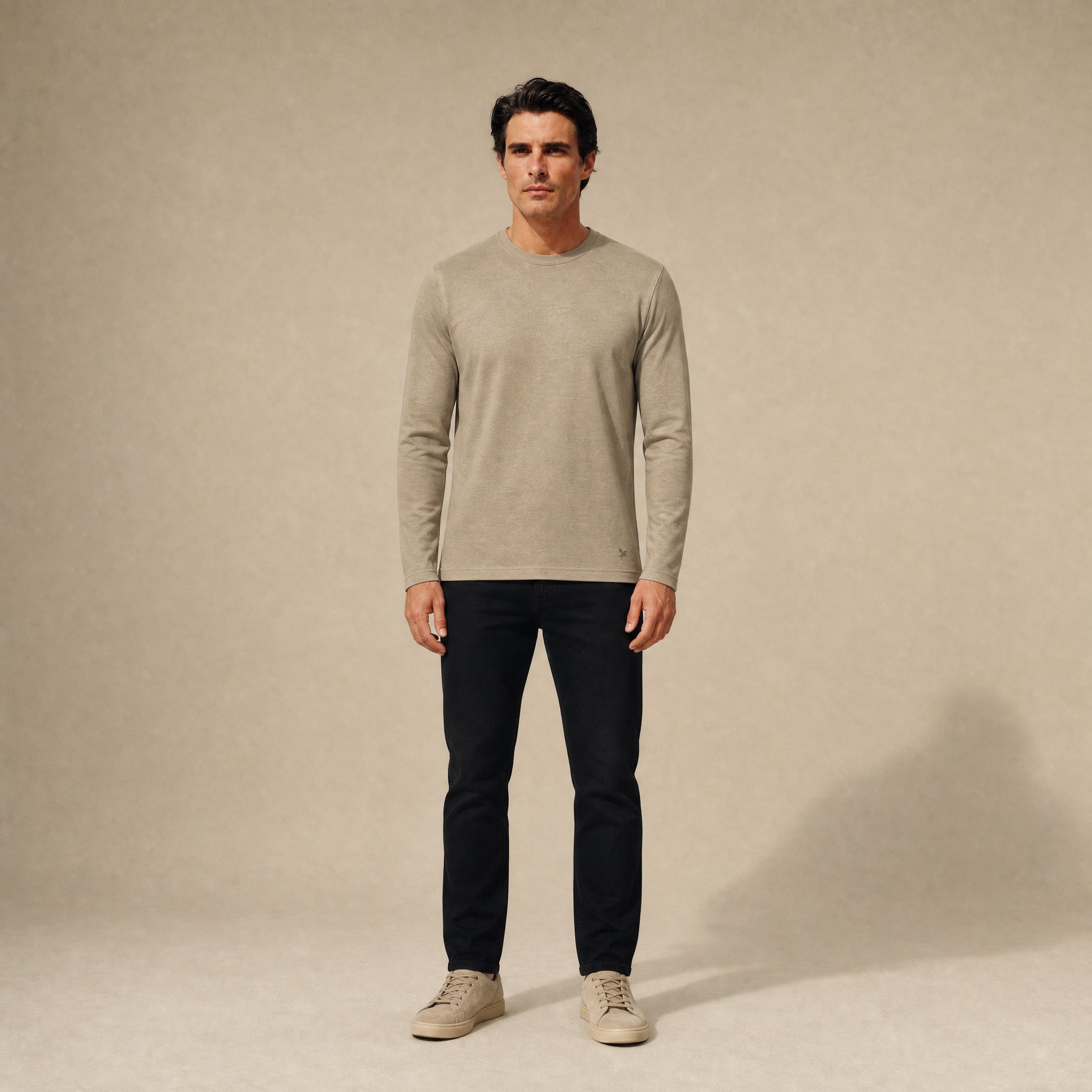 Merino Wool Long Sleeve T-Shirt model Matteo in Dune