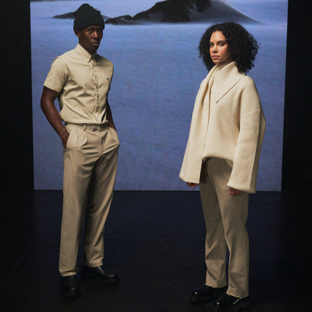 bespoke athletic women's dress pants athleisure model Tracy in Fog