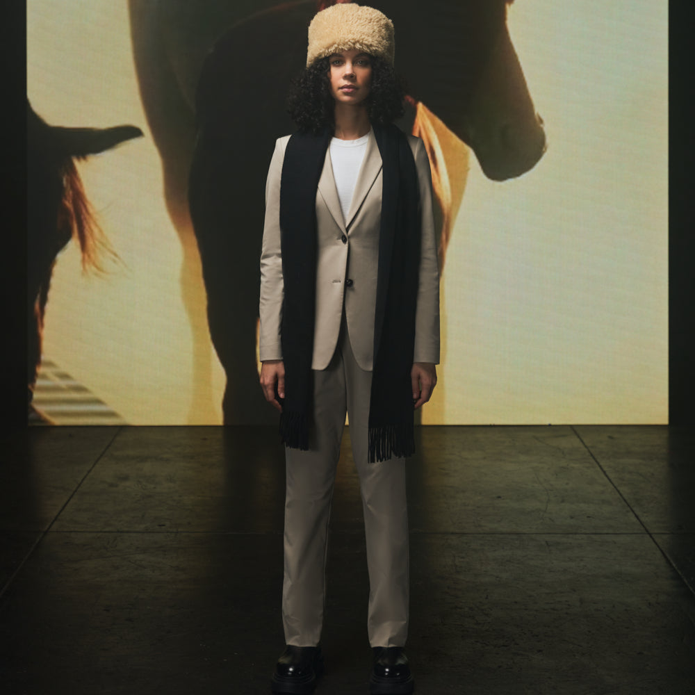 bespoke custom women's blazer pantsuit model Tracy in Fog