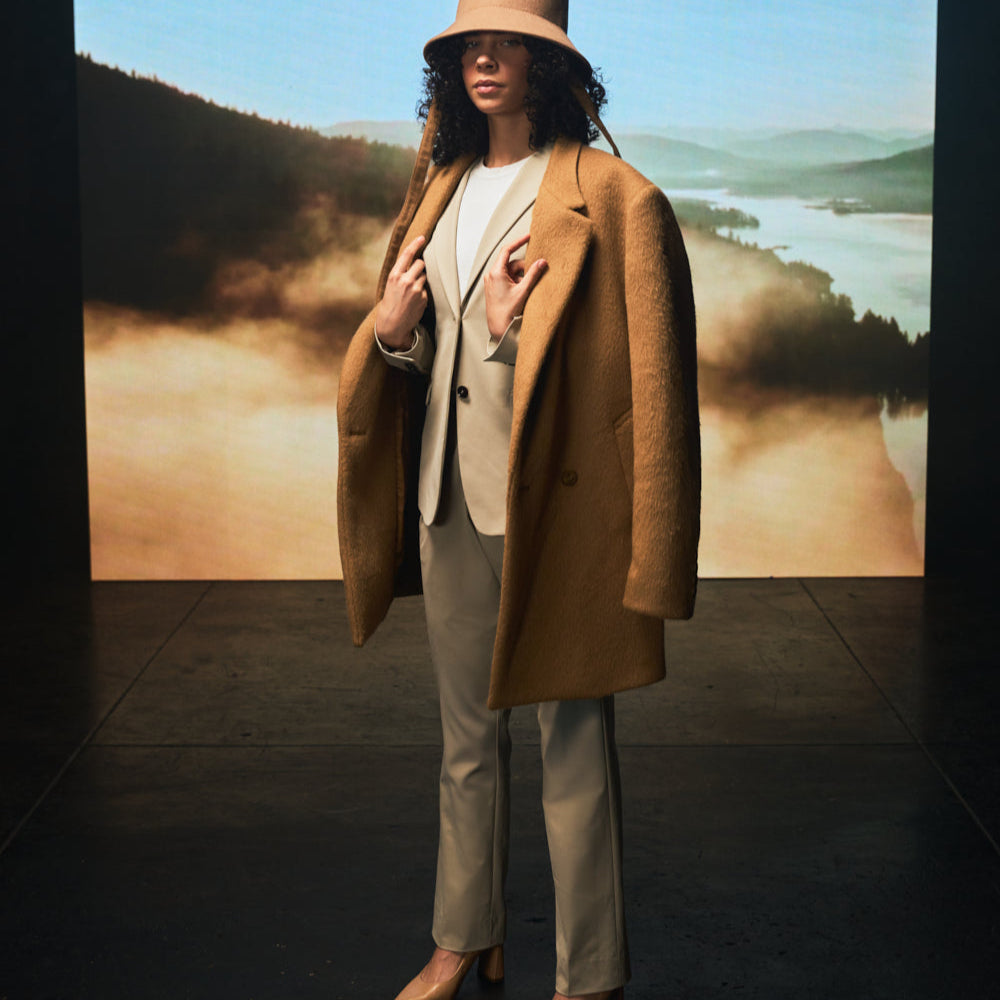 bespoke custom women's blazer pantsuit model Tracy in Fog