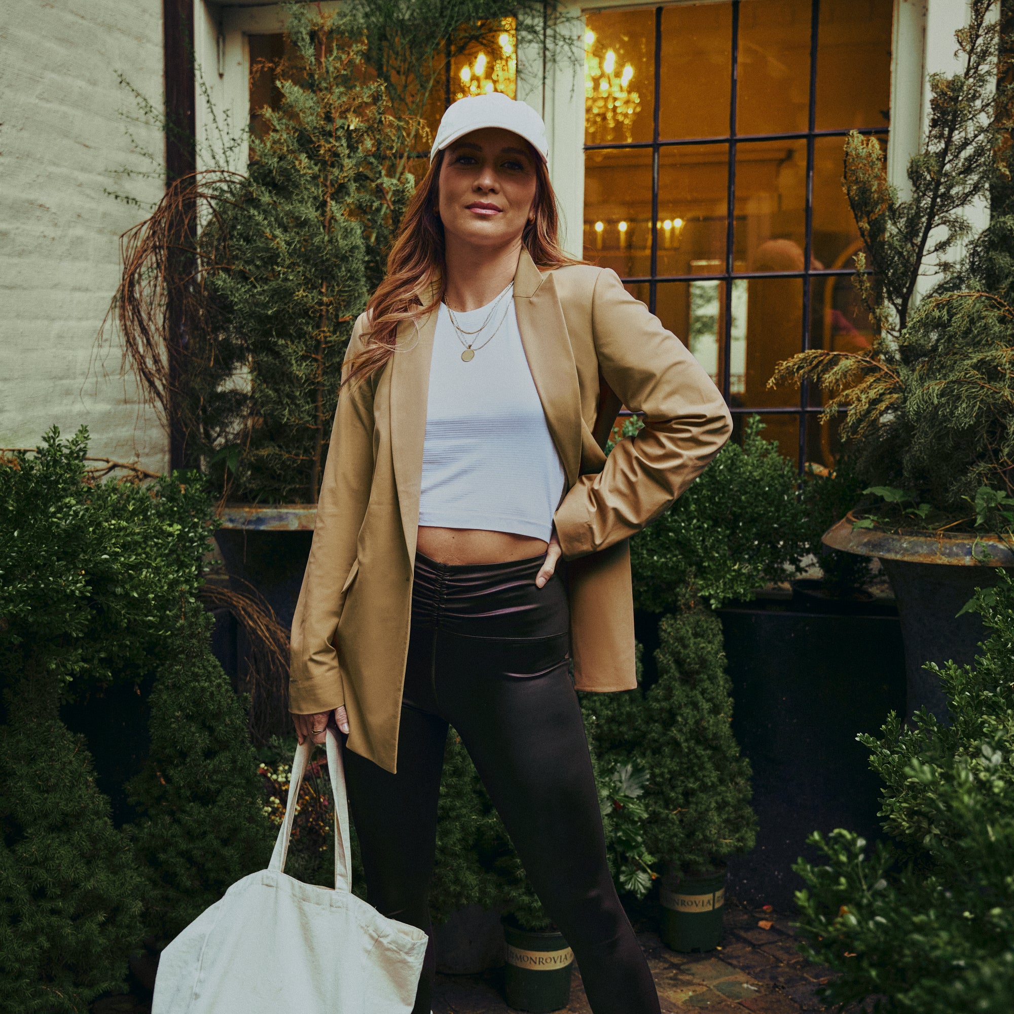 emma lovewell x sene peloton instructor model emma wearing flextech blazer in sand