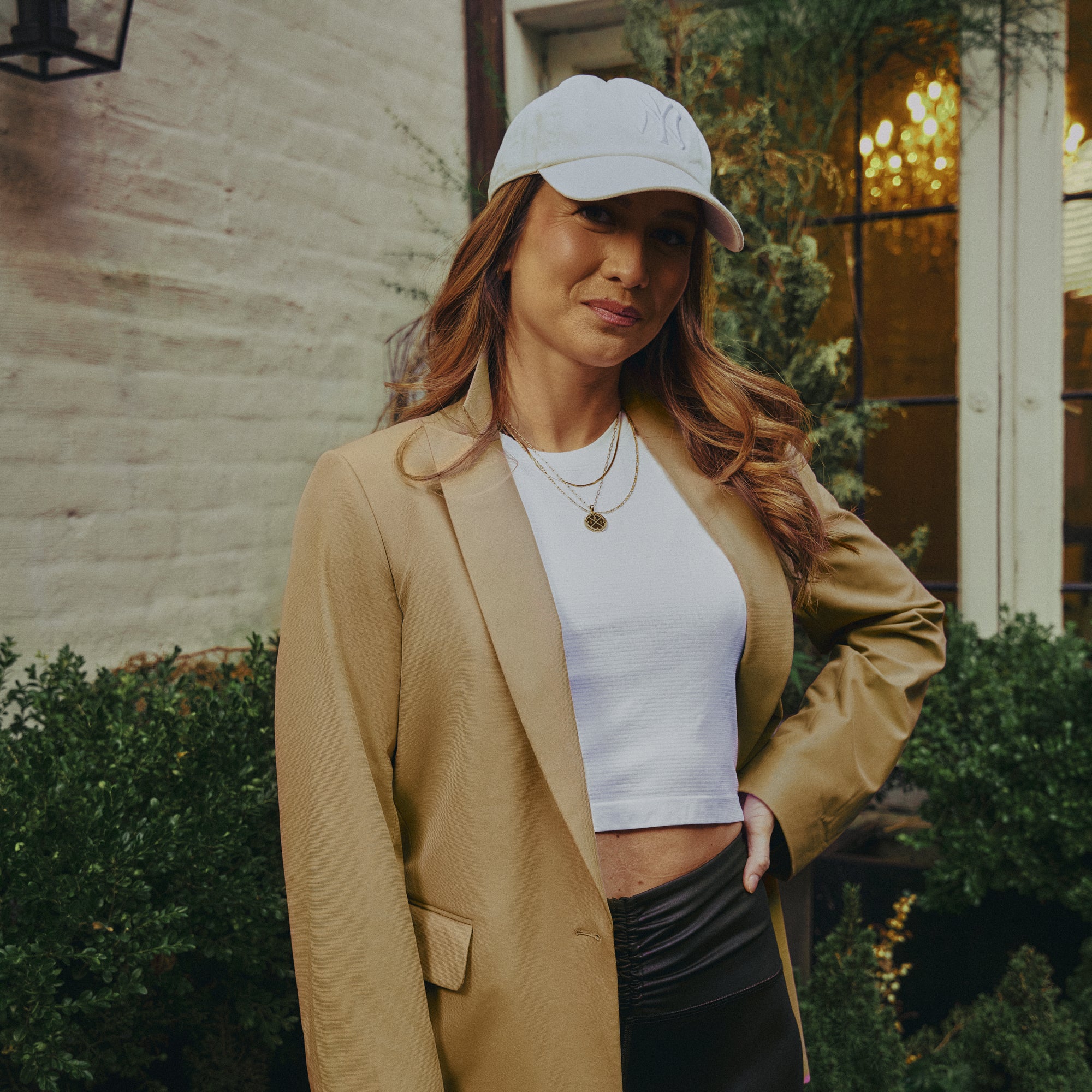 emma lovewell x sene peloton instructor model emma wearing flextech blazer in sand