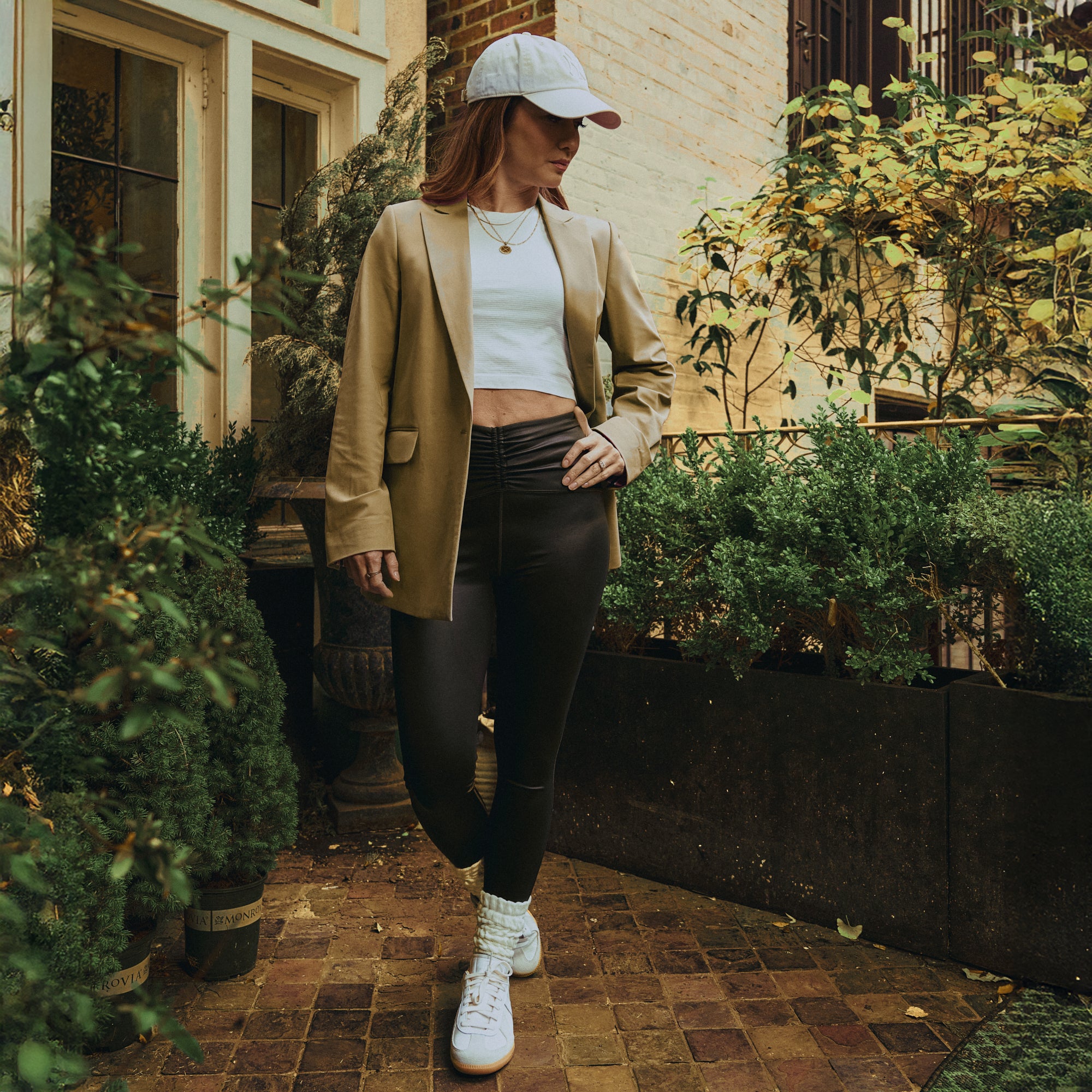 emma lovewell x sene peloton instructor model emma wearing flextech blazer in sand