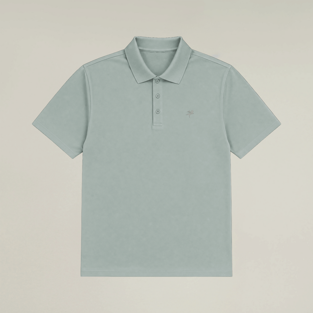 Man custom-fit gray golf attire holding a golf club model chad in glacier