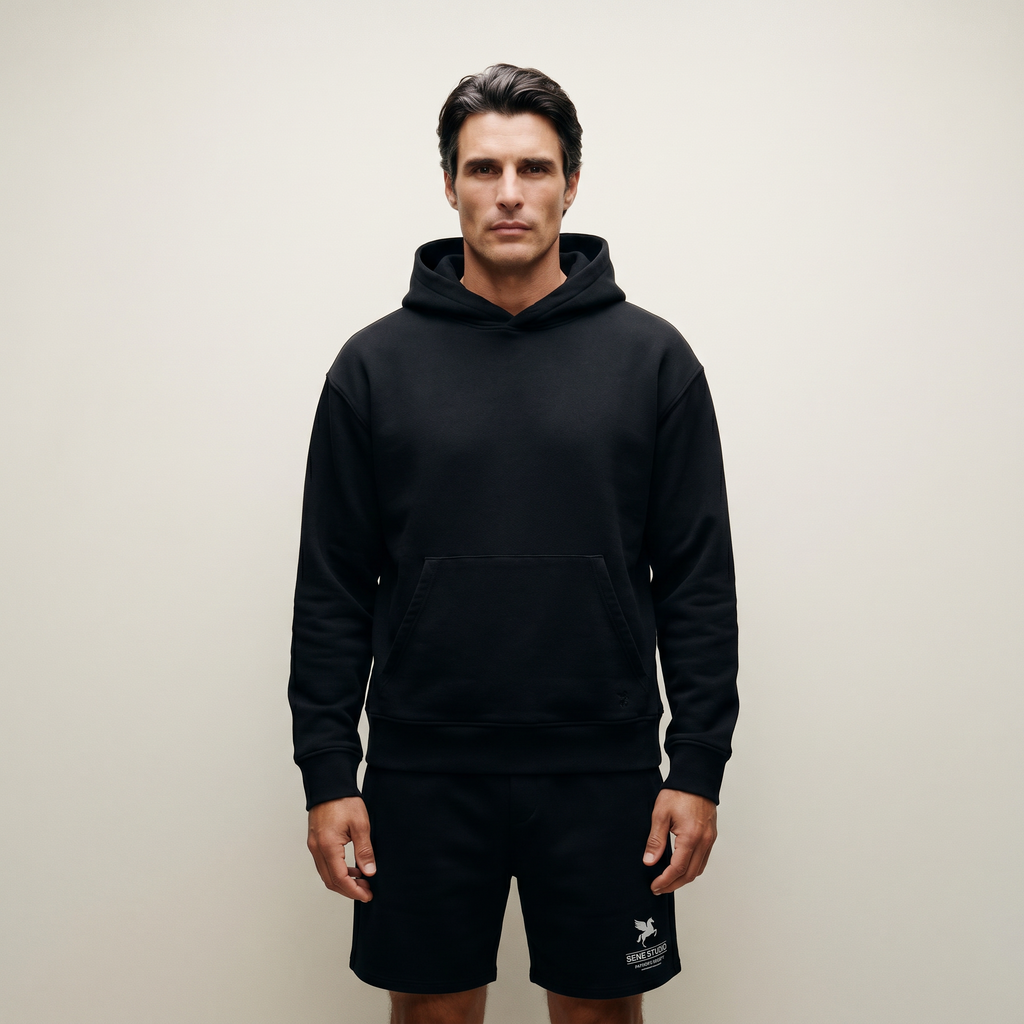 Man wearing a black hoodie and shorts with a logo on a plain background model Kive in black