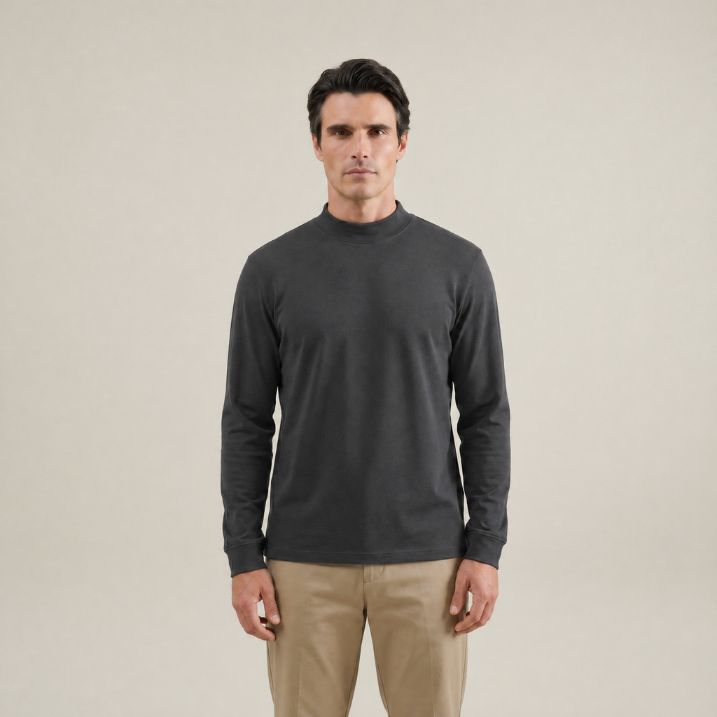Man wearing a smoke long-sleeve shirt against a beige background model Kive in smoke