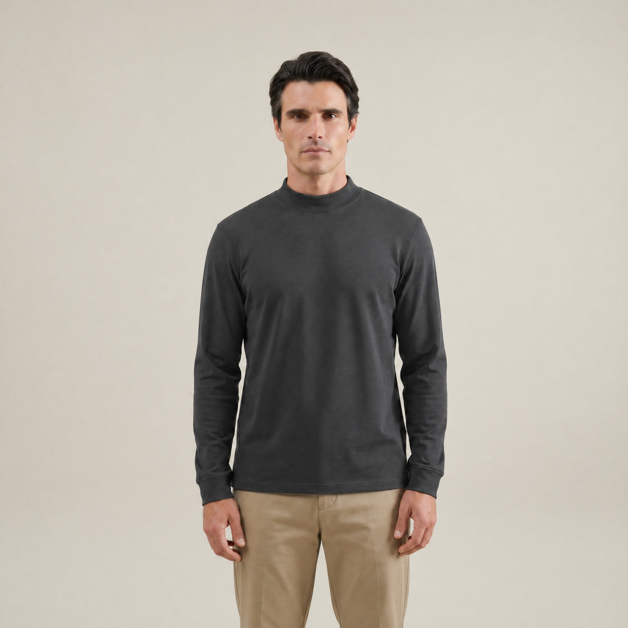 Man wearing a smoke long-sleeve shirt against a beige background model Kive in smoke
