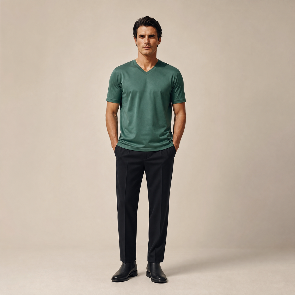 Pima Reserve V-Neck T-Shirt model Matteo in Sea moss