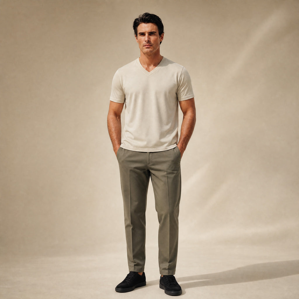 Pima Reserve V-Neck T-Shirt model Matteo in Beige