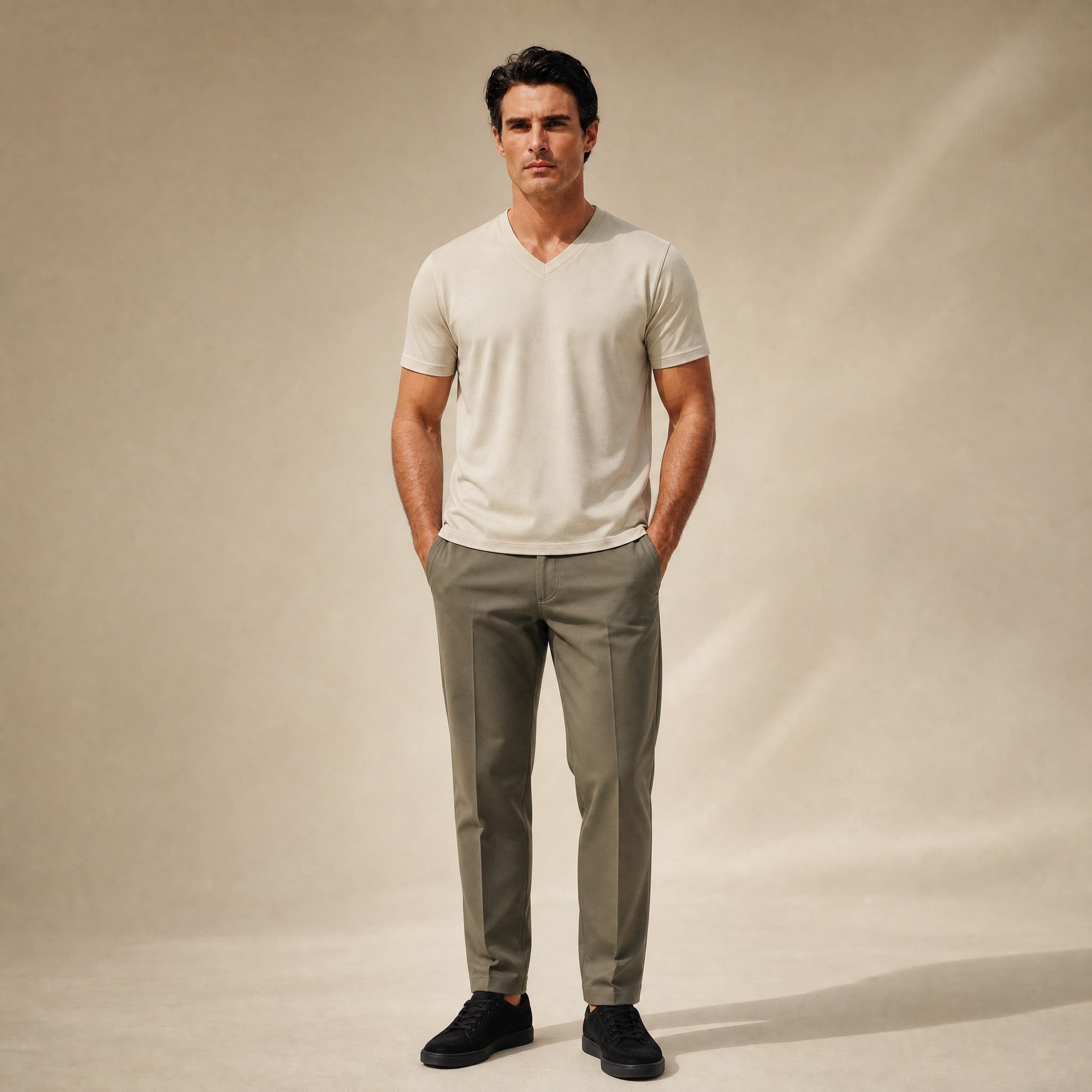 Pima Reserve V-Neck T-Shirt model Matteo in Beige