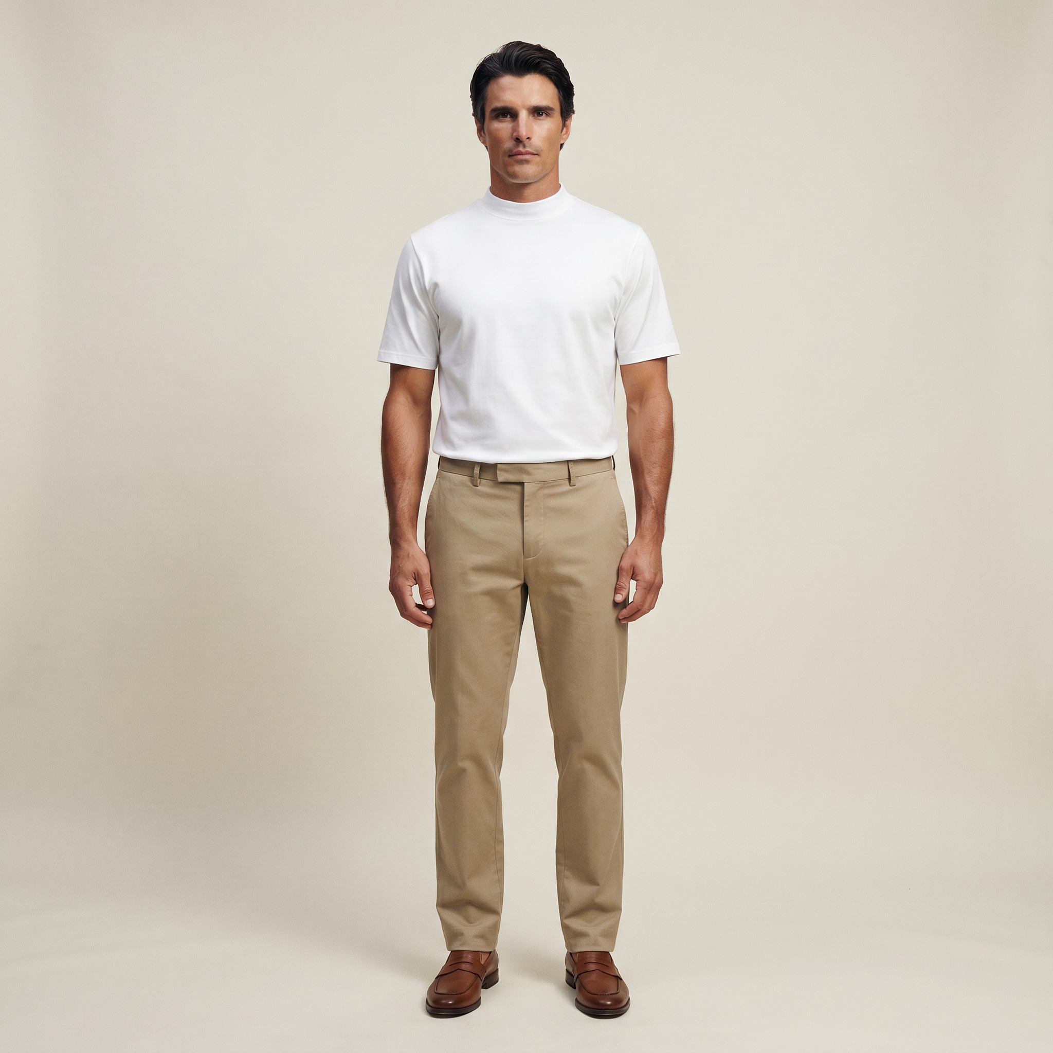 Man wearing a white short-sleeve shirt against a beige background model Kive in white