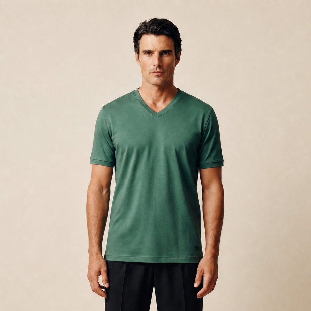 Pima Reserve V-Neck T-Shirt model Matteo in Sea moss