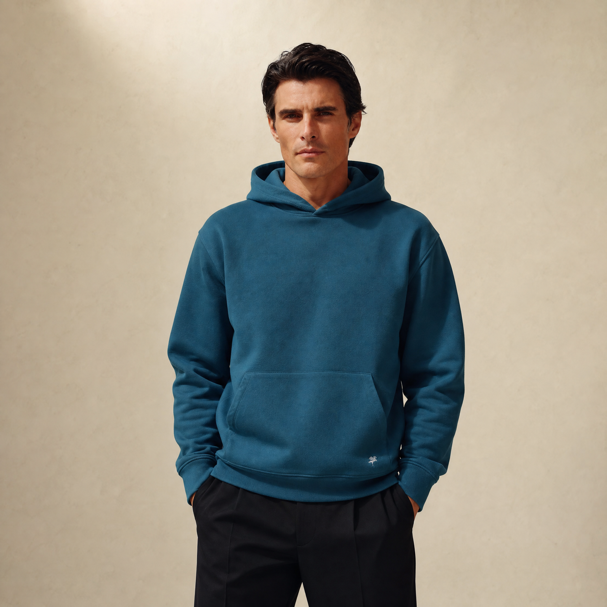 Terry Fleece Court Hoodie model Matteo in Poseidon