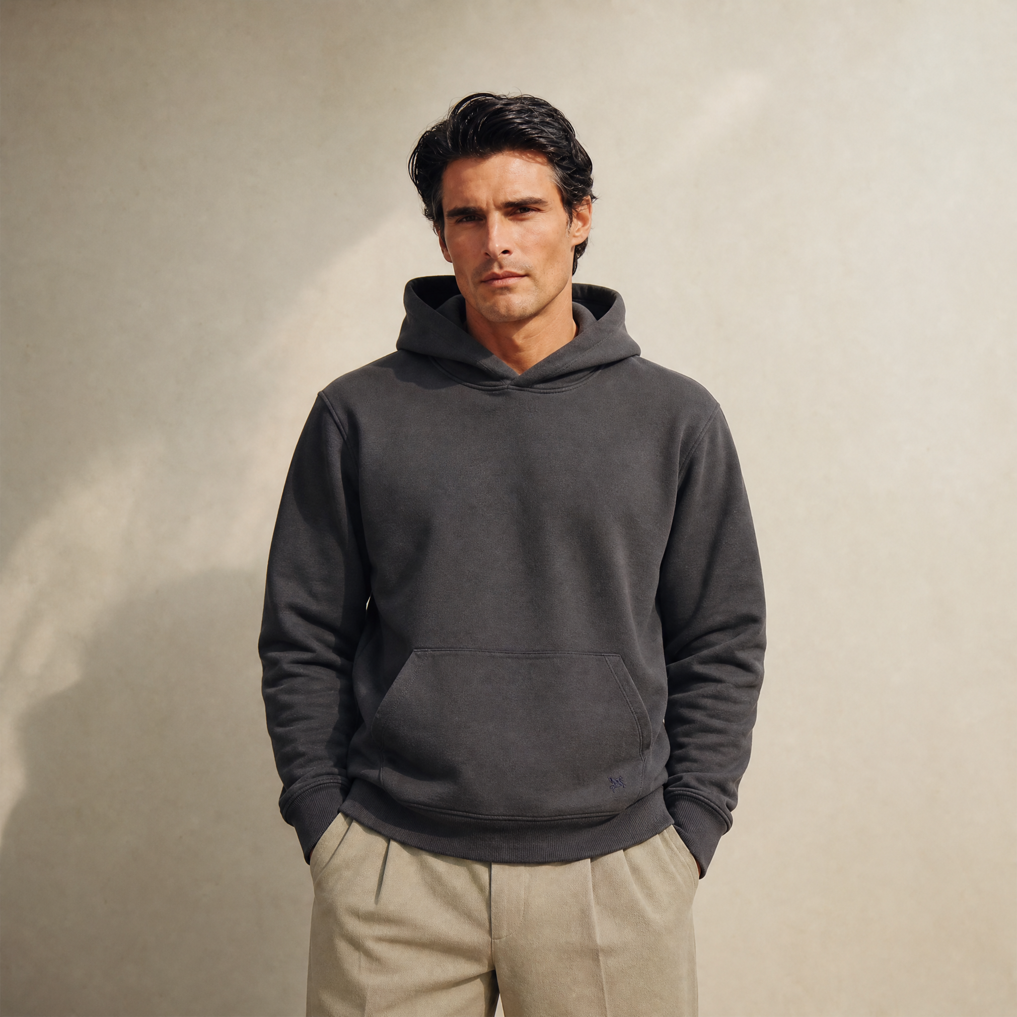 Terry Fleece Court Hoodie model Matteo in Smoke