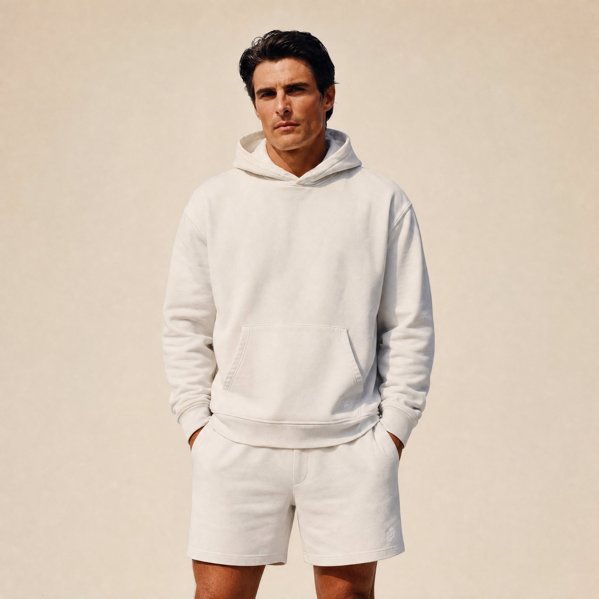 Terry Fleece Court Hoodie model Matteo in Bone