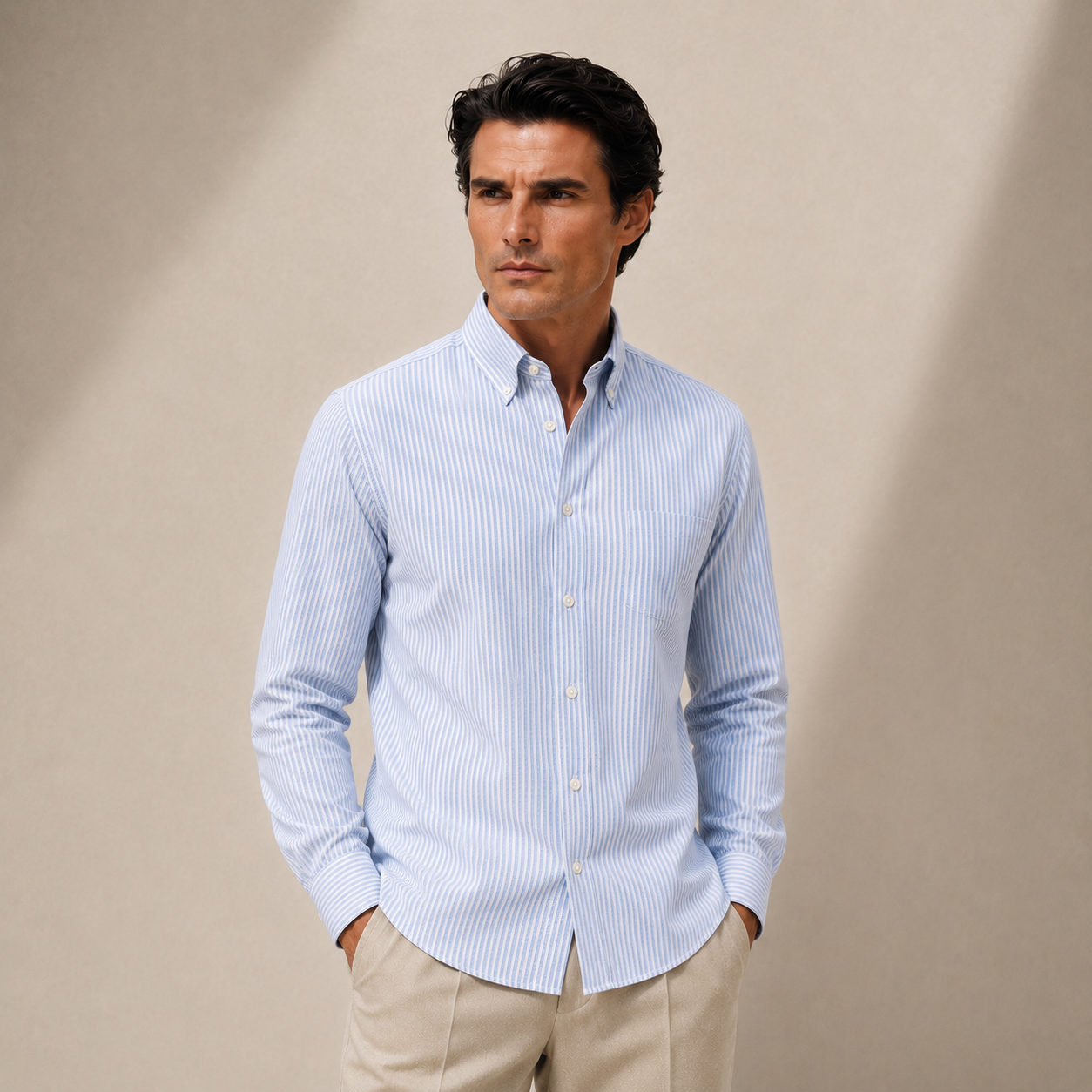 seersucker button-up shirt model Matteo in Pacific Sky