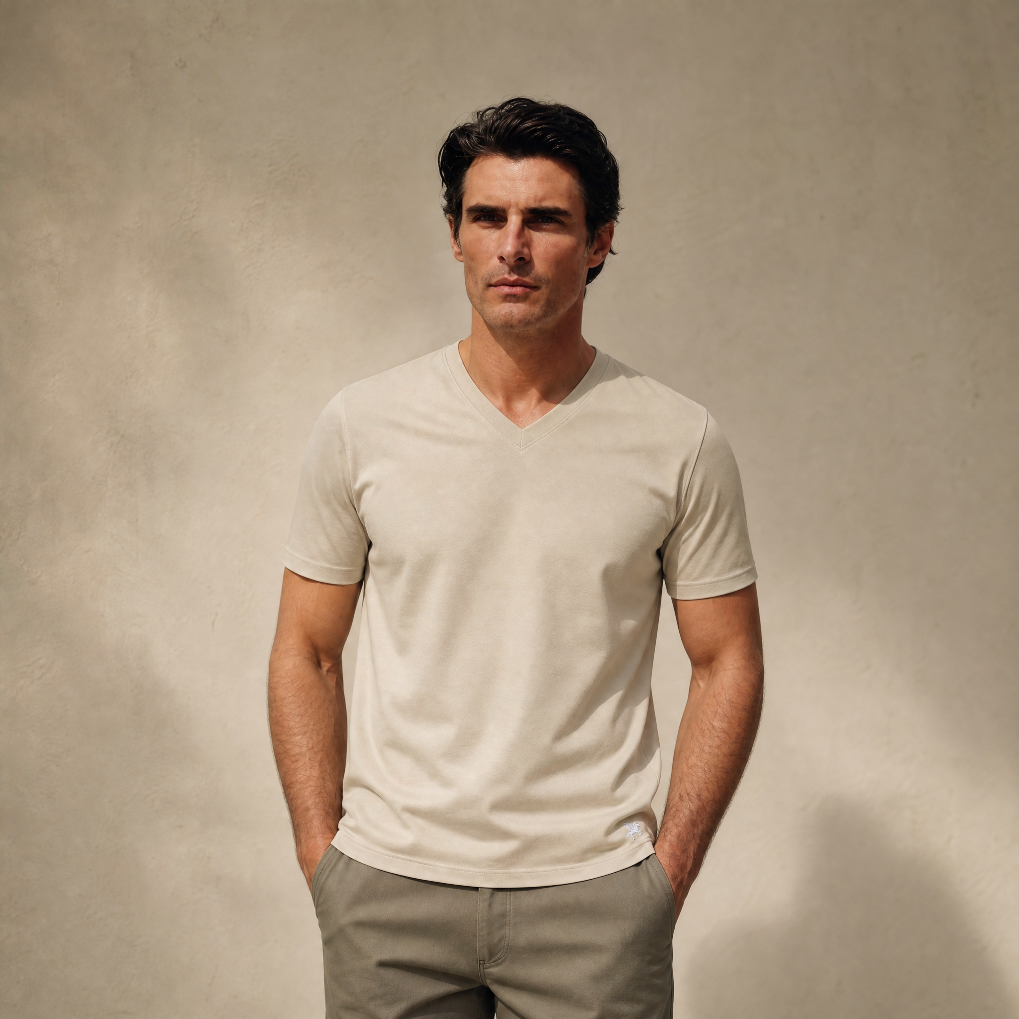 Pima Reserve V-Neck T-Shirt model Matteo in Beige