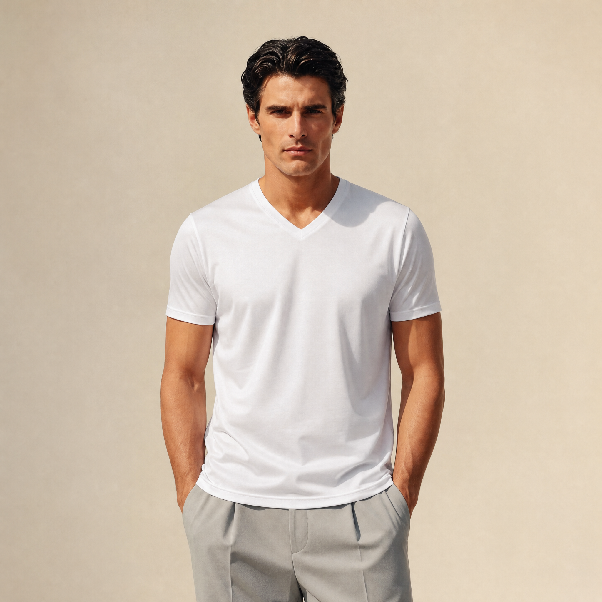 Pima Reserve V-Neck T-Shirt model Matteo in White