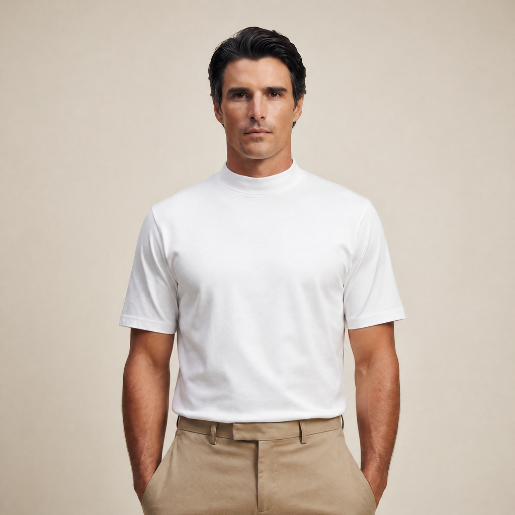 Man wearing a white short-sleeve shirt against a beige background model Kive in white