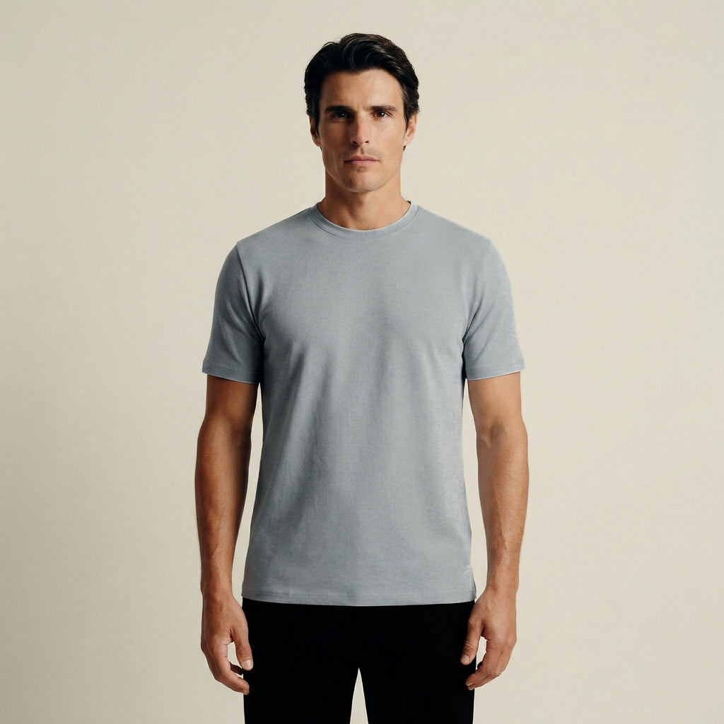 french terry blue gray t-shirt model matteo in vapor