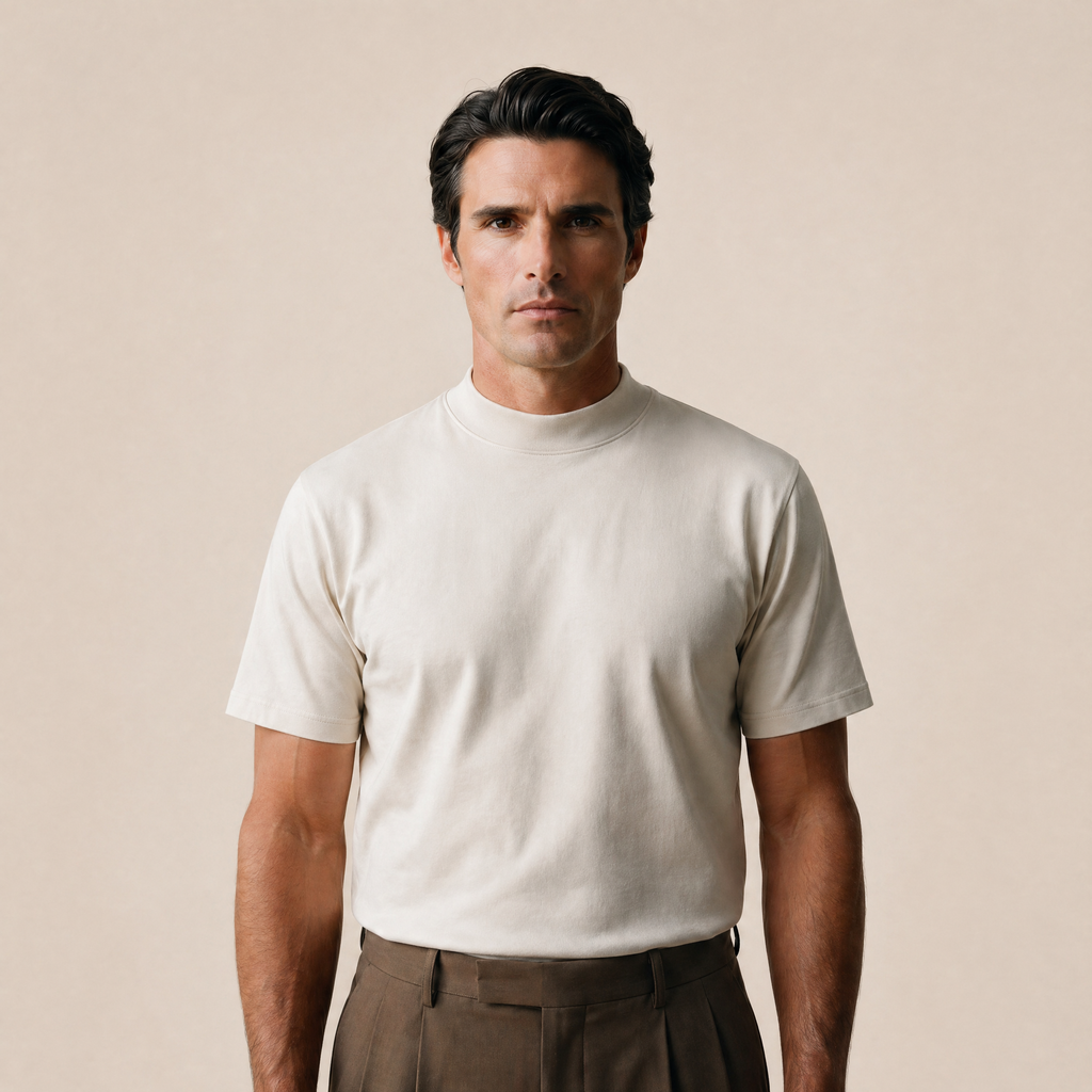 Man wearing a Bone short-sleeve shirt against a beige background model Kive in Bone