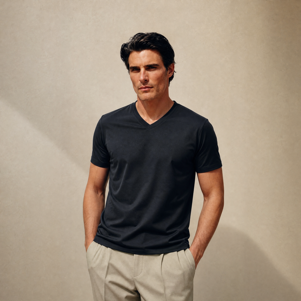 Pima Reserve V-Neck T-Shirt model Matteo in Black