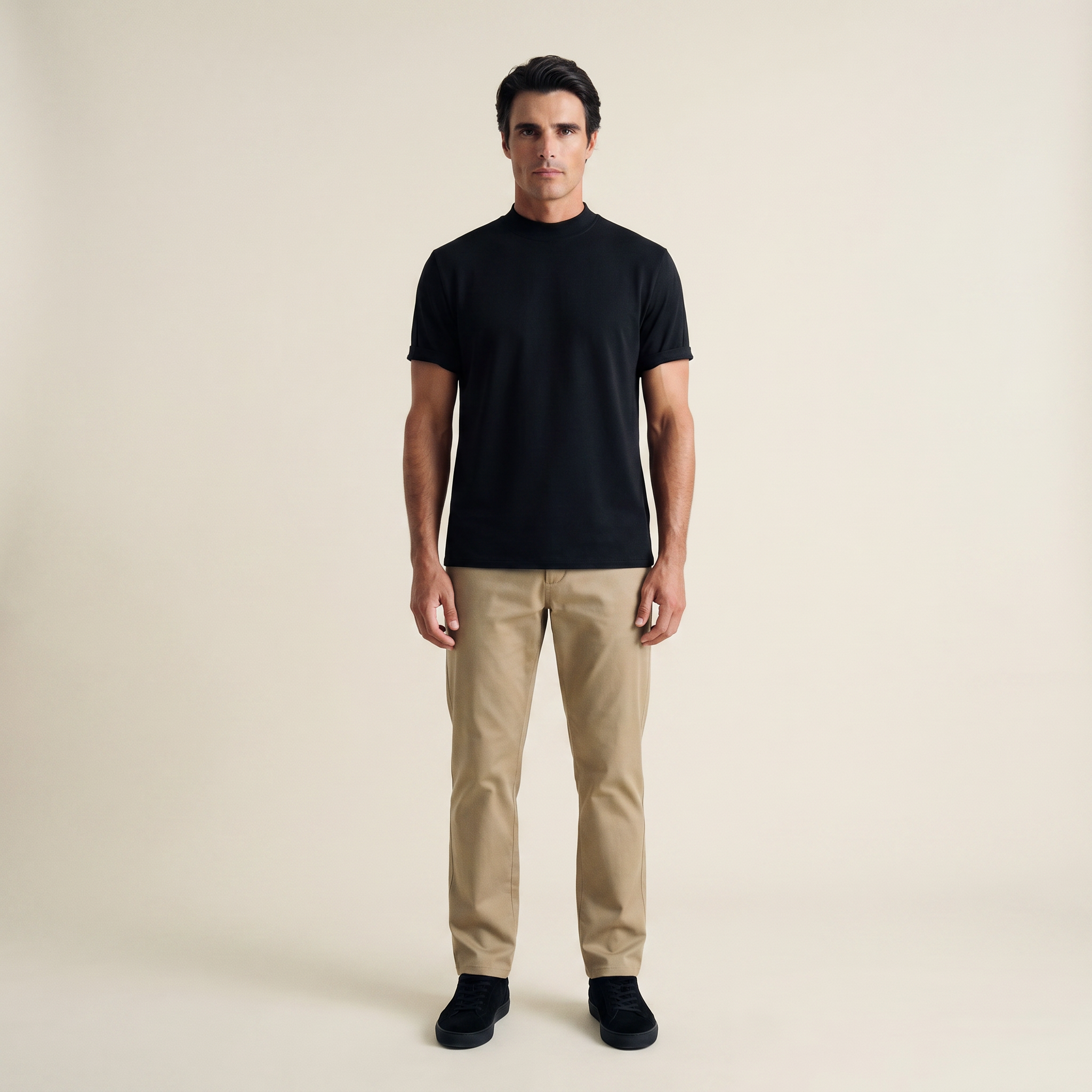 Man wearing a black short-sleeve shirt against a beige background model Kive in black