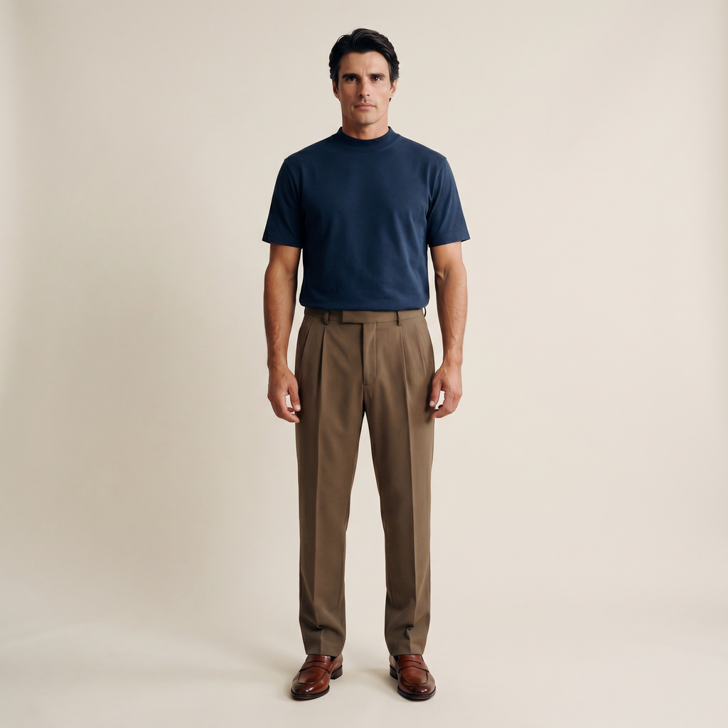 Man wearing a Deep Sea short-sleeve shirt against a beige background model Kive in Deep Sea