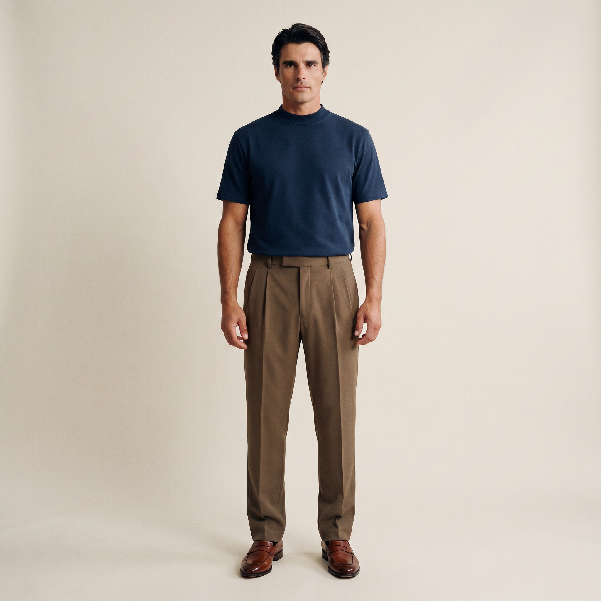 Man wearing a Deep Sea short-sleeve shirt against a beige background model Kive in Deep Sea