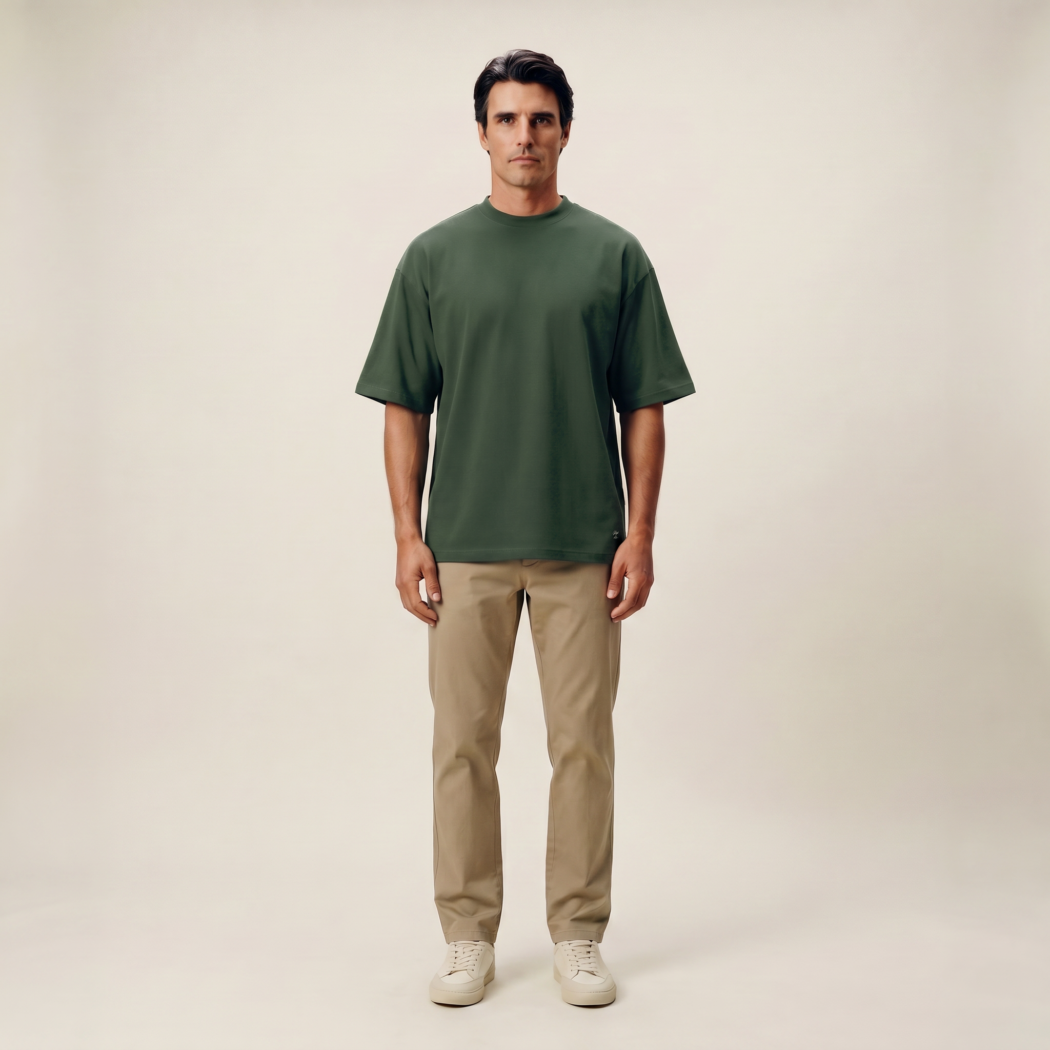 Tags:(Large | 6’2 - 180) Custom t-shirt tee model Kive in Moss