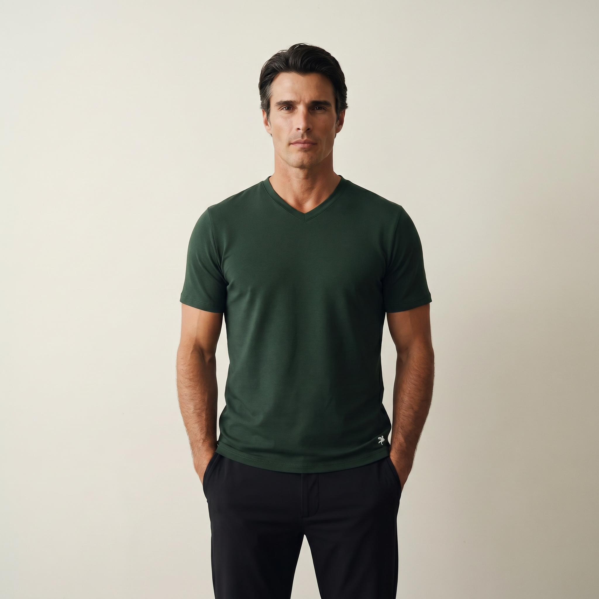 green v-neck T-shirt model Matteo in Pine Grove