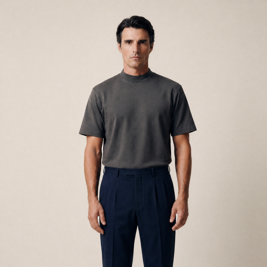 Man wearing a smoke short-sleeve shirt against a beige background model Kive in smoke