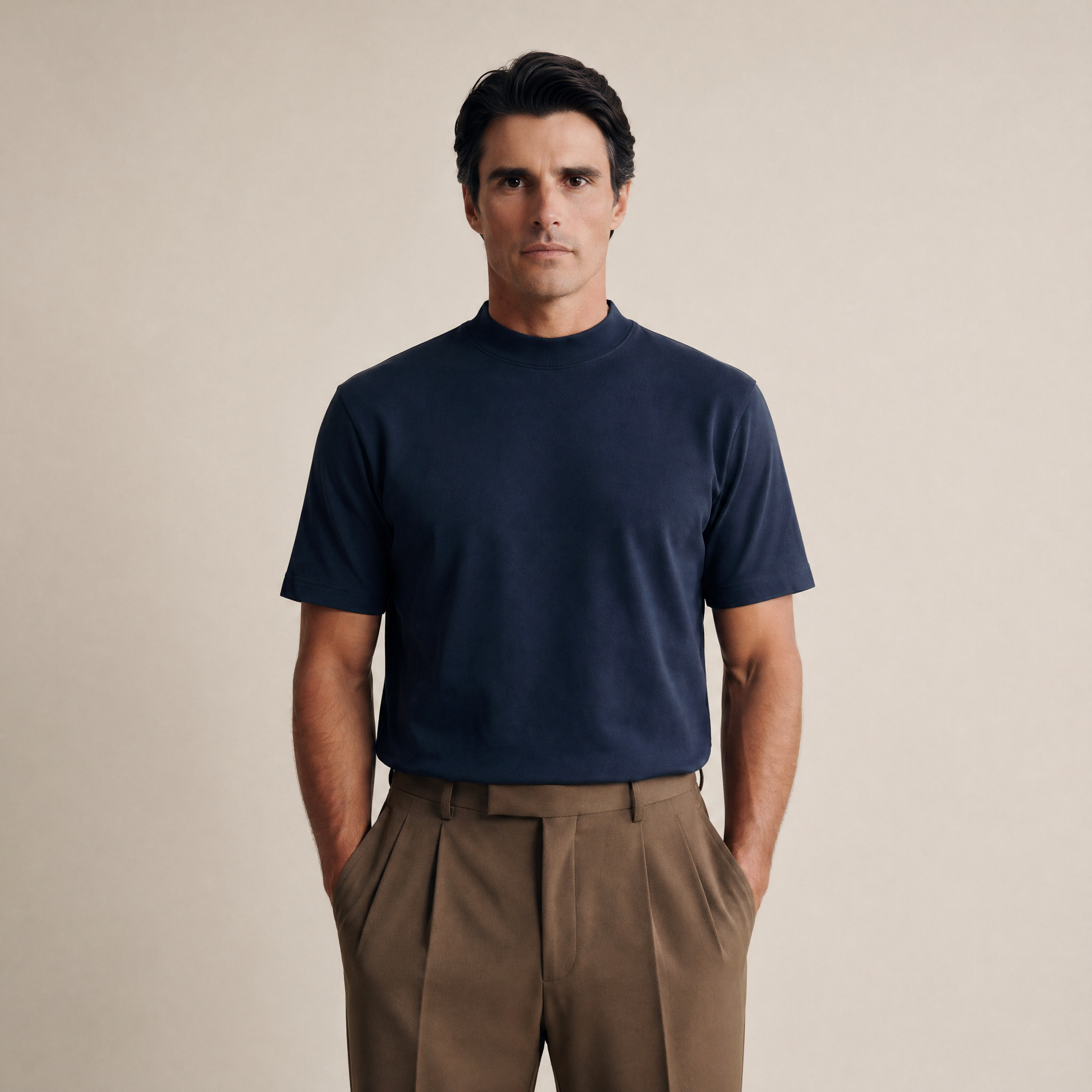Man wearing a Deep Sea short-sleeve shirt against a beige background model Kive in Deep Sea