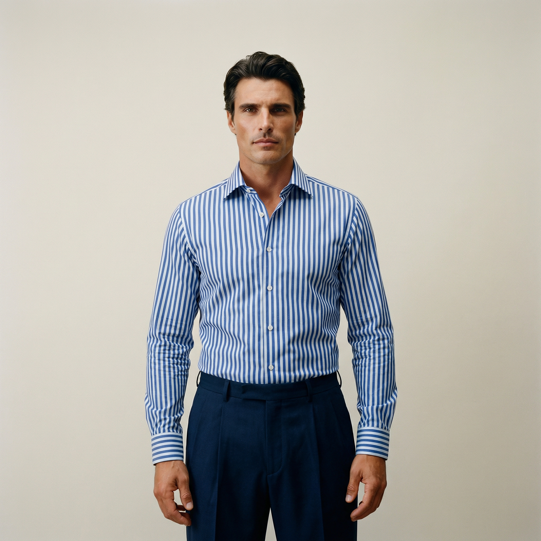 Tags:(6’2" - 180 lbs|Large) Custom shirt tee model Kive in Navy Bengal Stripe