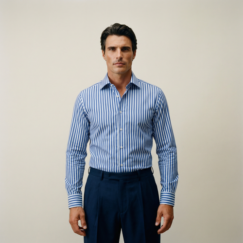 Tags:(6’2" - 180 lbs|Large) Custom shirt tee model Kive in Navy Bengal Stripe