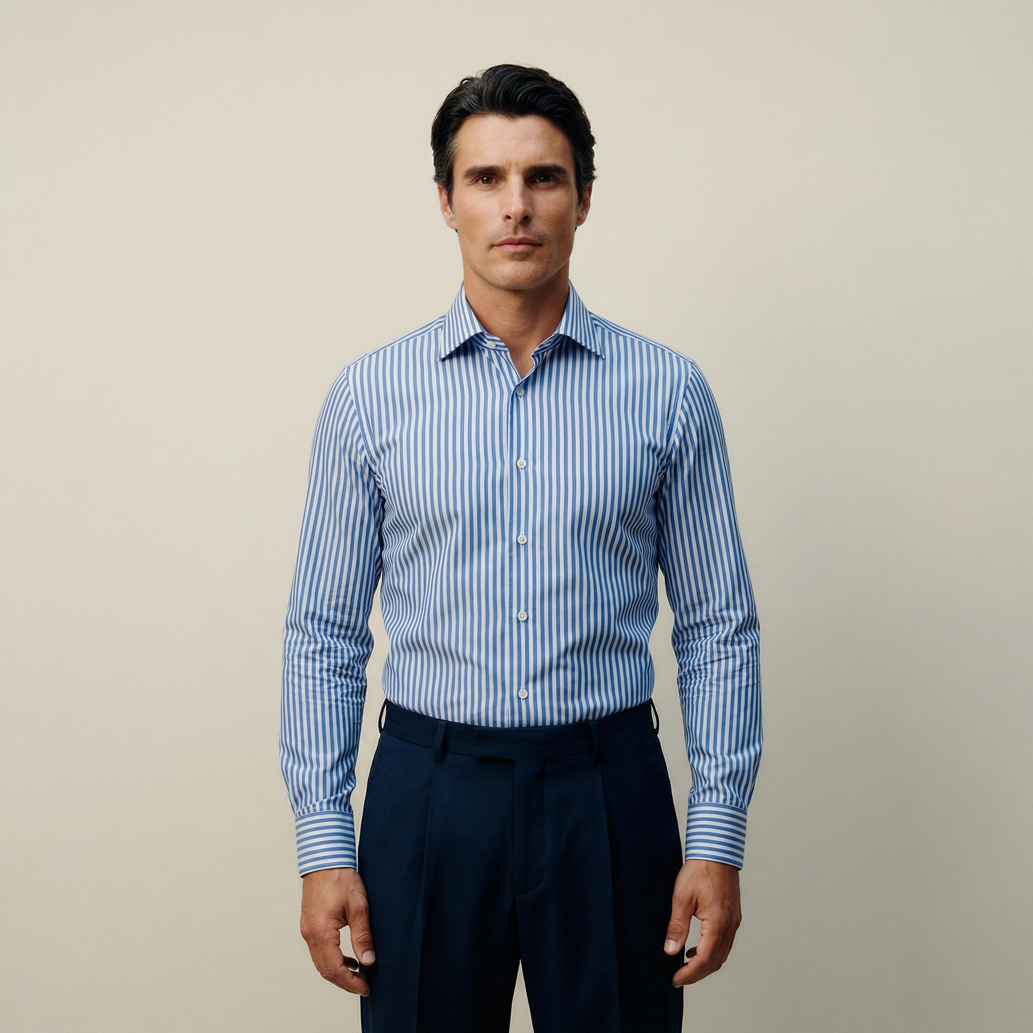 Tags:(6’2" - 180 lbs|Large) Custom shirt tee model Kive in Azure Bengal Stripe