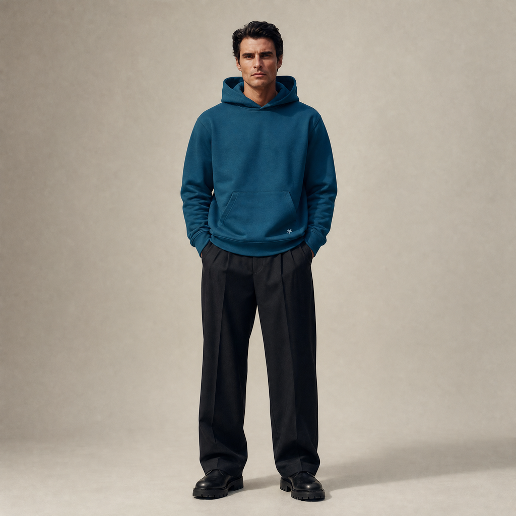 Terry Fleece Court Hoodie model Matteo in Poseidon