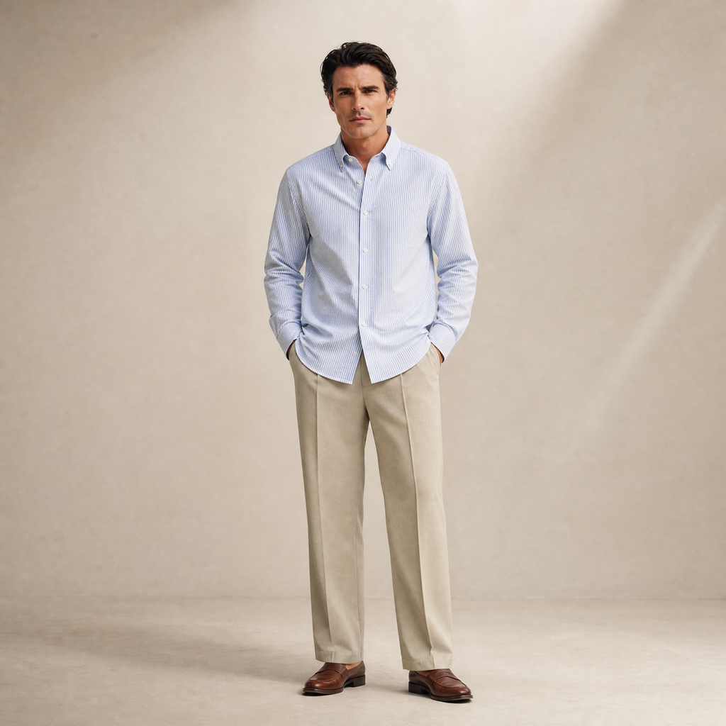 seersucker button-up shirt model Matteo in Pacific Sky