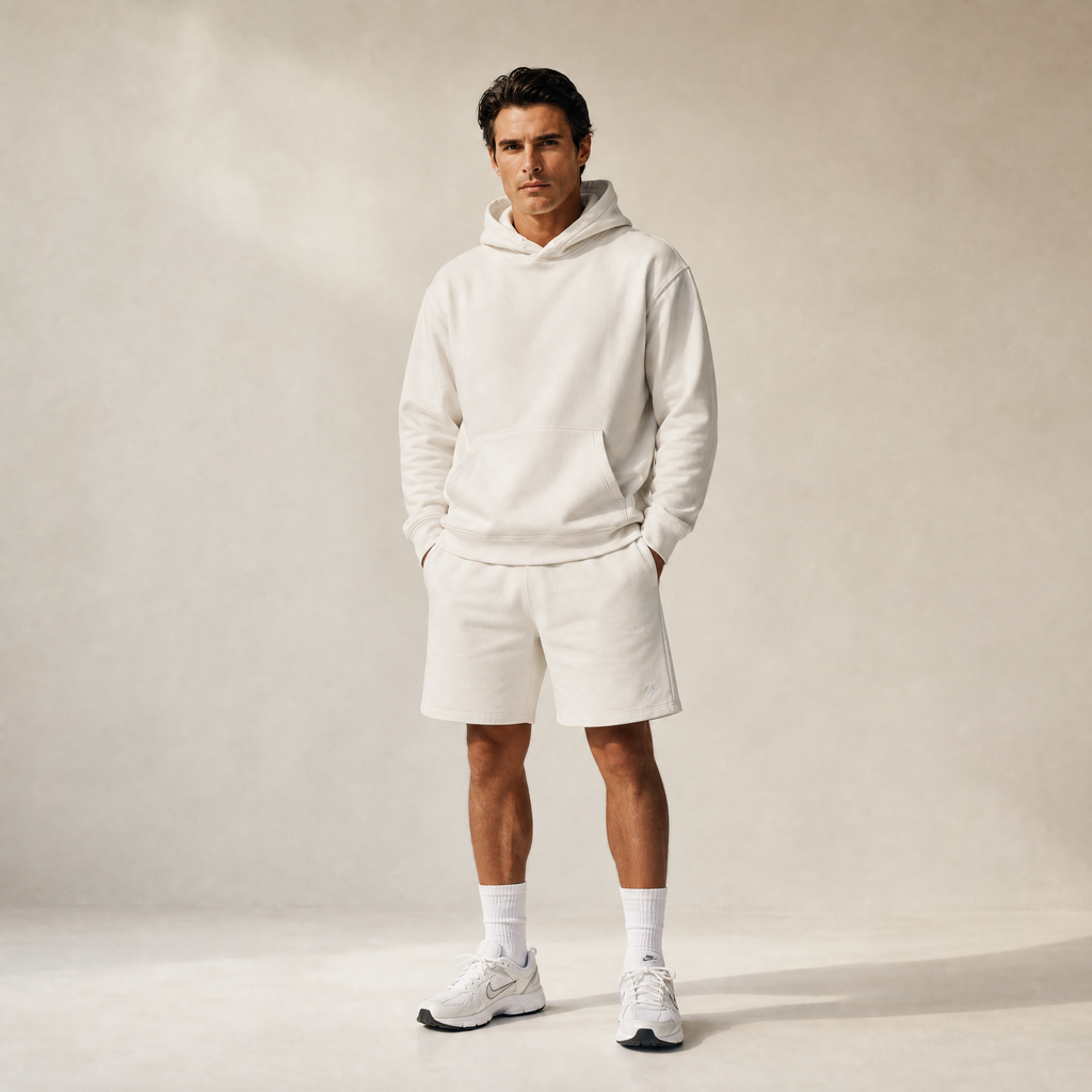 Terry Fleece Court Hoodie model Matteo in Bone