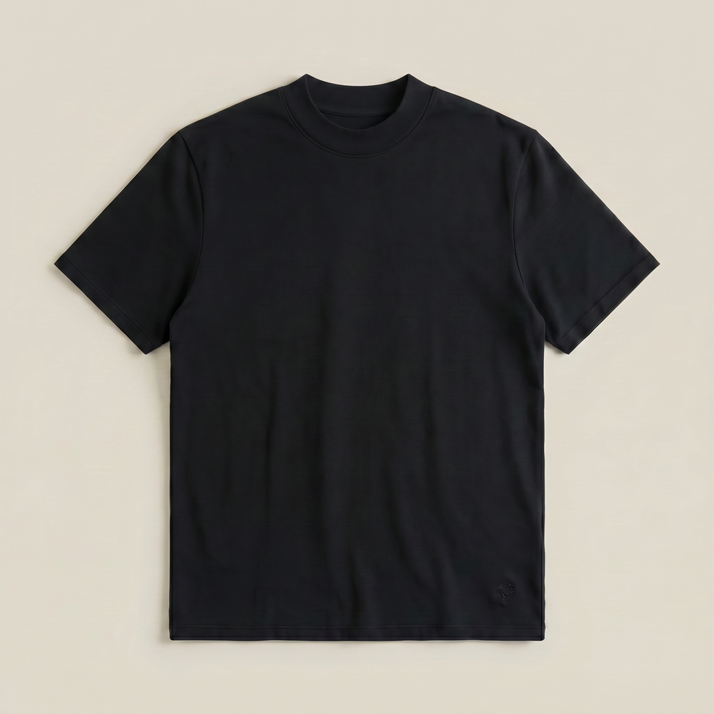 Black mockneck t-shirt on a beige background model kive in black
