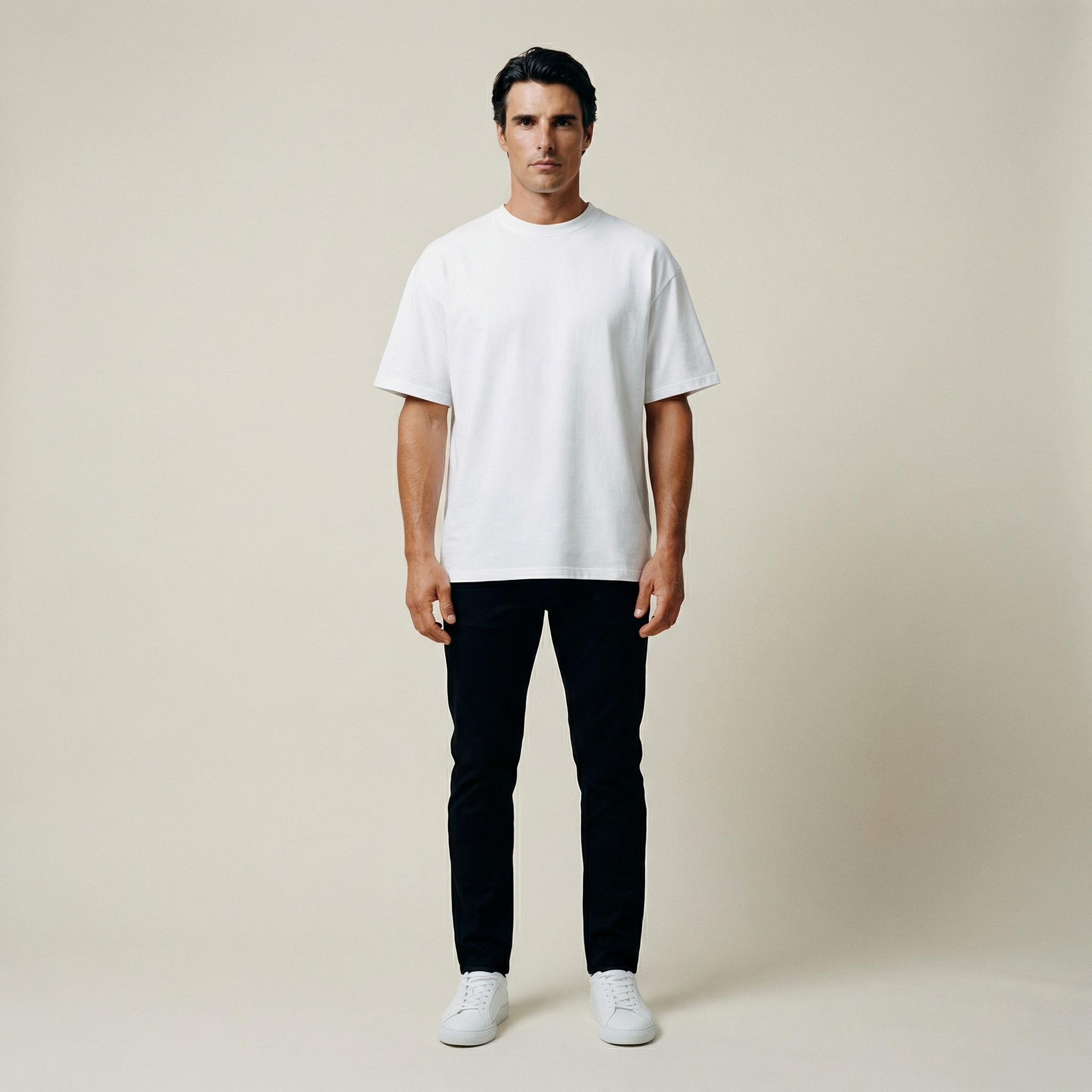 Cumulus oversized t-shirt on a beige background model Kive in Minimalist